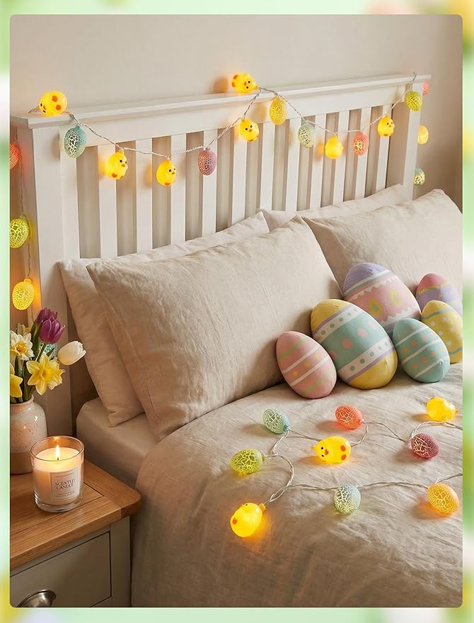 8.5Ft Easter Cracked Egg and Chick String Lights, 10 Festive LED Spring Easter Decorations Cute Yellow Chick Egg Fairy Lights Plug in for Indoor/Outdoor Parties Holiday Home Garden Patio Garland Decor