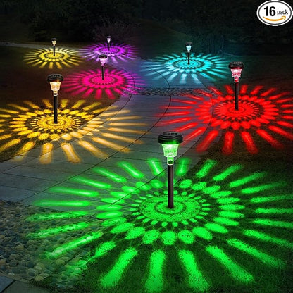 ROOR Solar Pathway Lights 16 Pack, Outdoor Solar Yard Lights, RGB Color Changing+Warm White, IP67 Waterproof LED Lights for Garden Path Backyard Christmas Lawn Landscape Decorative