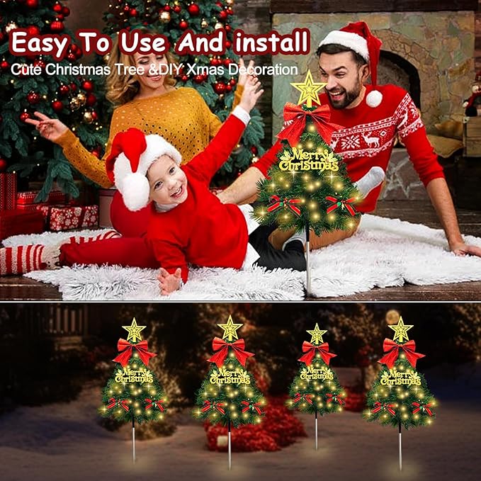 4 Pack Christmas Tree Solar Pathway Lights Outdoor Decorations, Waterproof Artificial Mini Xmas Tree Stake Lights with DIY Ornamets for Garden Yard Porch Decor (Green Tree)