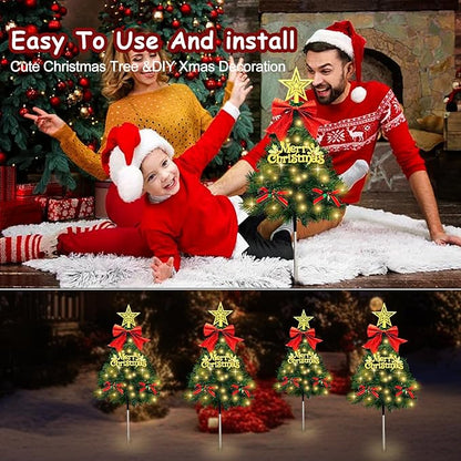 4 Pack Christmas Tree Solar Pathway Lights Outdoor Decorations, Waterproof Artificial Mini Xmas Tree Stake Lights with DIY Ornamets for Garden Yard Porch Decor (Green Tree)