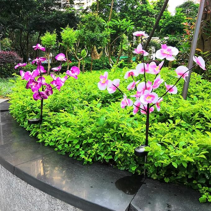 FAVOMOTO 2pcs Floral Solar Garden Lights for Outdoor Walkway, Lawn, and Patio, Decorative Solar-Powered Ground Stake Path Lights for Backyard Landscape