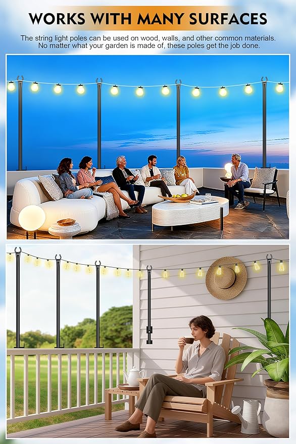 FEED GARDEN 5 Ft String Light Poles with Fence Brackets, Black Metal, 4 Pack, for Outdoor Deck Patio Backyard | Lumora