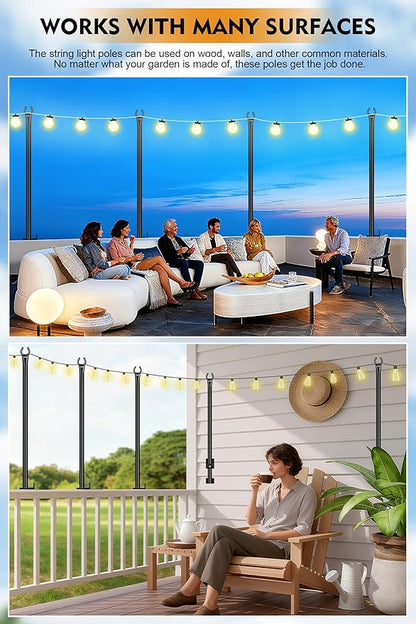 FEED GARDEN 5 Ft String Light Poles with Fence Brackets, Black Metal, 4 Pack, for Outdoor Deck Patio Backyard