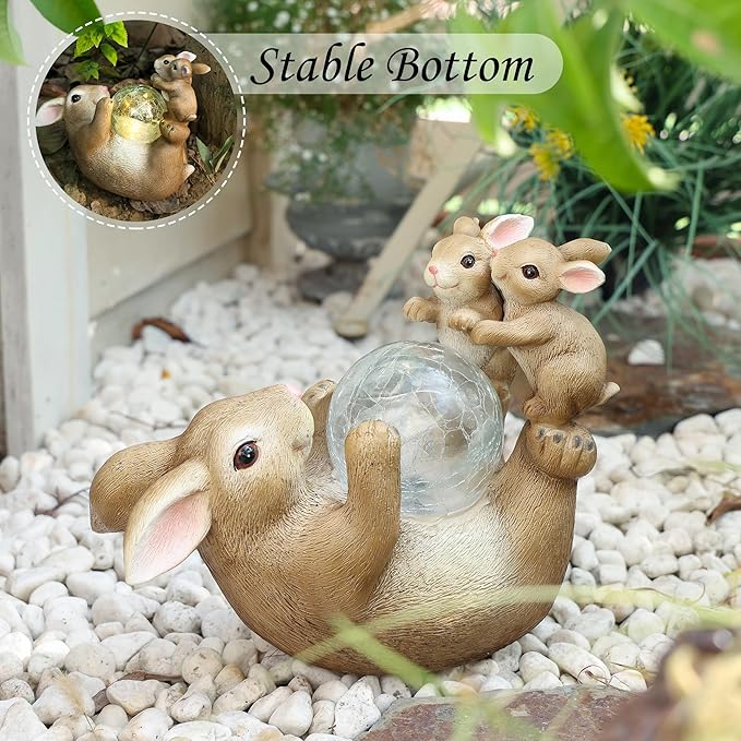 Solar Bunny Lamp Playing with Ball, 10x5x9 Inch Outdoor Easter Rabbit Decor, Whimsical Garden Statue for Lawn, Backyard & Night Landscape, Easter Bunny Figurine Night Light