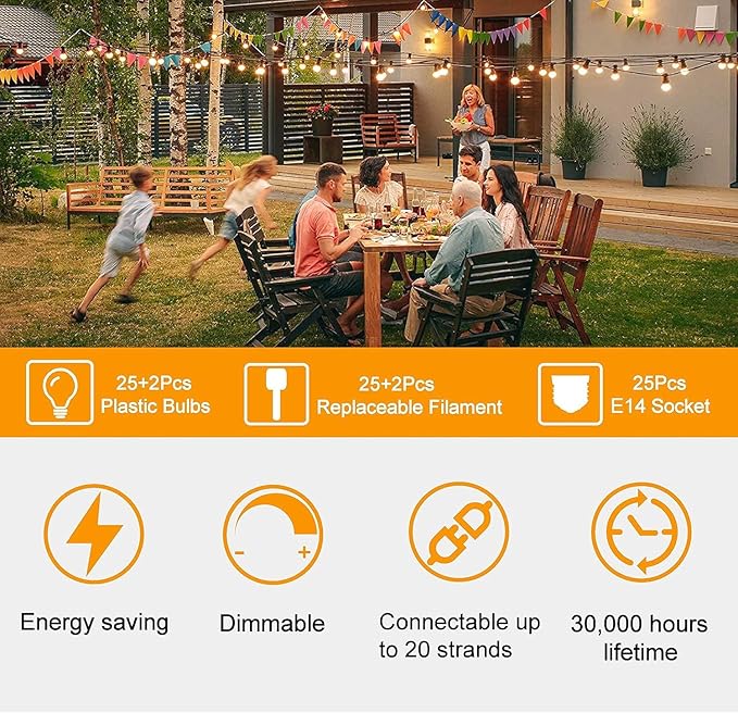 ZOTOYI Outdoor String Lights 50FT, Patio Lights with 27 LED Plastic ST38 Edison Bulbs(2 Spare), Waterproof IP65 | Lumora