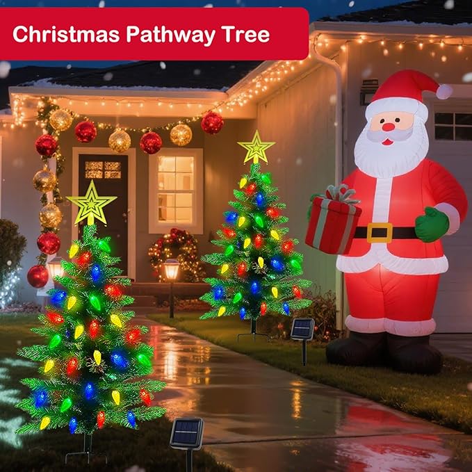 4FT Solar Christmas Tree Christmas Decorations Outdoor, 250 Branch Small Xmas Tree with 100 LED C6 Lights, Waterproof Solar Christmas Lights for Porch, Pathway, Yard, Cemetery, 1 Pack