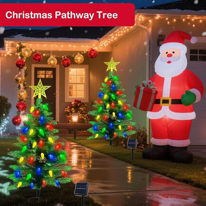 4FT Solar Christmas Tree Christmas Decorations Outdoor, 250 Branch Small Xmas Tree with 100 LED C6 Lights, Waterproof Solar Christmas Lights for Porch, Pathway, Yard, Cemetery, 1 Pack