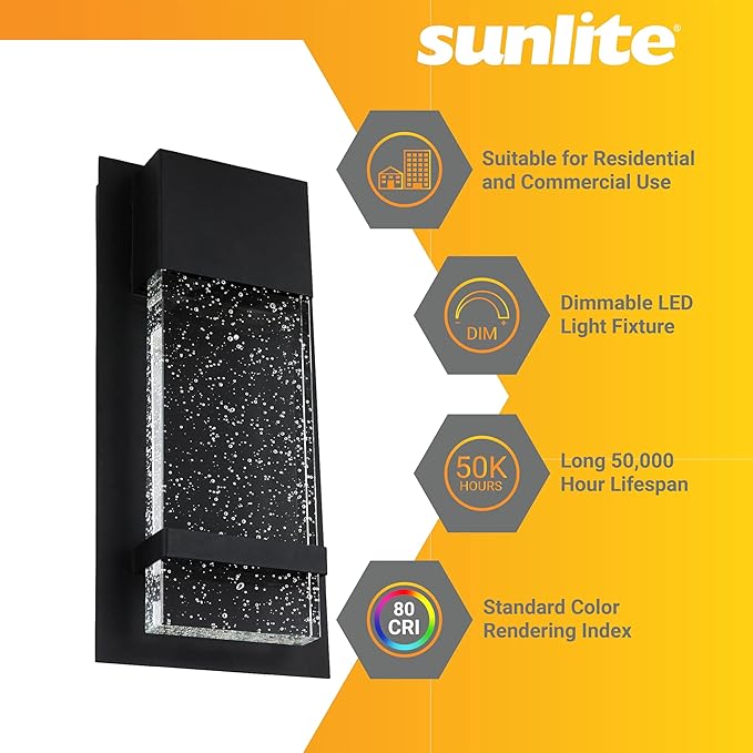 Sunlite 6.5-Inch LED Outdoor Raindrop Wall Sconce Light Fixture, 12 Watts (60W=), 600 Lumens, Color Selectable 30K/40K/50K, Dimmable, 120V, ETL Listed, Black, for Patios, Garage & Entryway Use