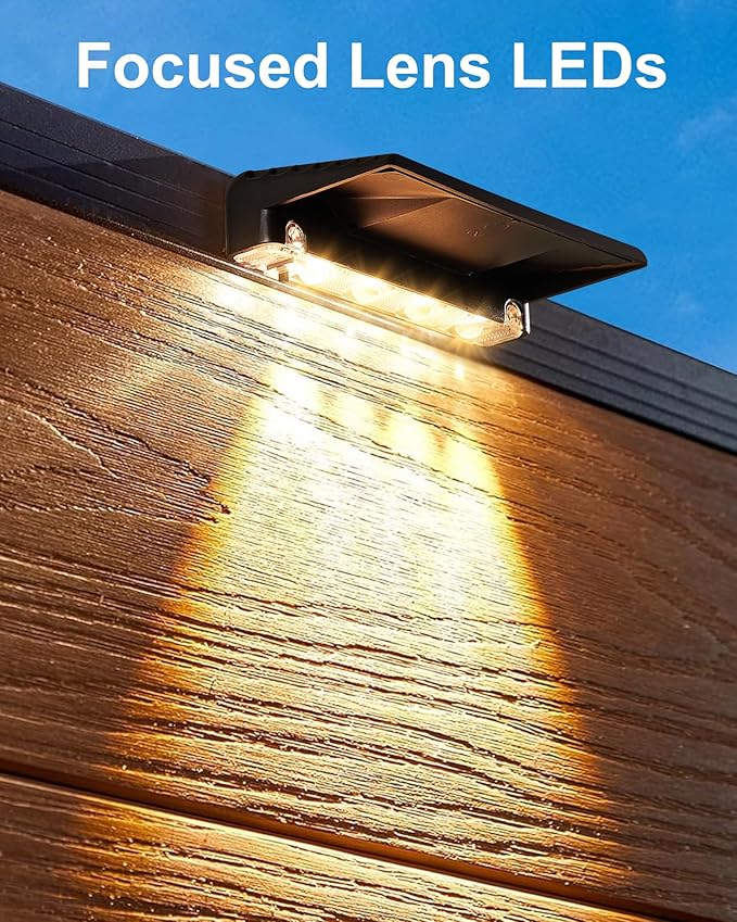 Solar Fence Lights Outdoor Waterproof LED,4LEDs Focus Lens Solar Wall Lights,Auto ON Off Warm White Outdoor Lights for Patio,Deck,Fence, Step,and Railing,Backyard Decor(12 Pack)
