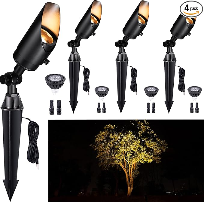 Gardenreet Brass Landscape Lighting Black, Low Voltage Spotlights Outdoor, 12V LED Wired Uplights, Waterproof Spot Lights for Outside Trees, with 5W 2700K Warm White MR16 Bulb (4 Pack)