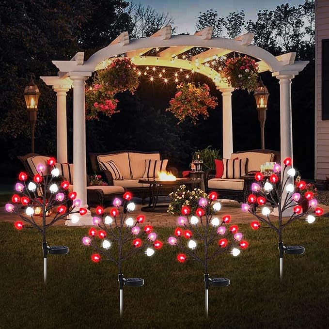 2 Pack Valentine's Day Solar Outdoor Lights, Valentines Day Decor Red Pink White Heart Solar Valentine Lights, Valentines Day Solar Decorations Outdoor Garden Lawn Yard Decorations