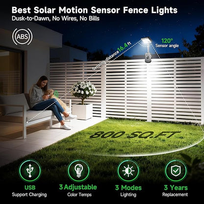 Clip On Fence Solar Lights, 3CCT Motion Sensor Fixture, 600LM 1500mAH Type-C USB & Solar Powered, IP65 Waterproof with Remote for Porch, Tree, Camping - Black (4-Pack)