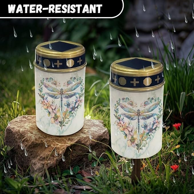Dragonfly Floral Solar Pathway Lights Outdoor Waterproof Garden Solar Lights Solar Cemetery Lights for Grave Weather Resistant Memorial Garden Stake Cross Lights for Grave