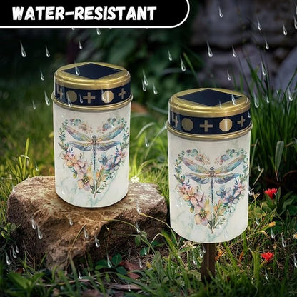 Dragonfly Floral Solar Pathway Lights Outdoor Waterproof Garden Solar Lights Solar Cemetery Lights for Grave Weather Resistant Memorial Garden Stake Cross Lights for Grave