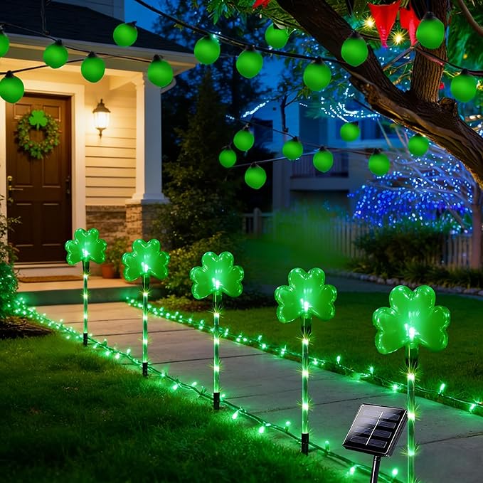 5 Pack St. Patrick's Day Solar Pathway Lights Outdoor - Green LED Shamrock Landscape Stake Lights, Waterproof Solar Powered Plug-in Lawn & Garden Decor for Yard, Walkway, Irish Party Decorations