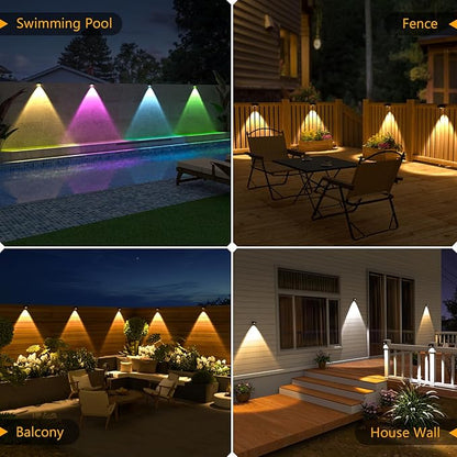 NIORSUN Solar Fence Lights Outdoor Waterproof,Warm & Cool White RGB,12 Pack LED Spot Lens Deck Lights 9 Mode,Solar Powered Wall Lighting Decor for Outside Patio Step Backyard Railing Pool Black