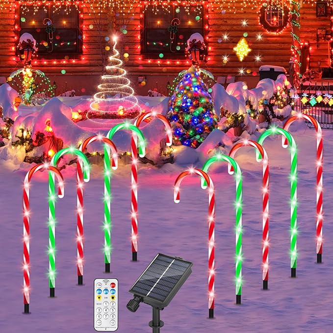 ZHAHA Solar Christmas Pathway Lights Outdoor Decorations, Solar Candy Cane Lights for Yard Patio Garden Walkway with 8 Light Mode, Remote, Timer, 48 LED, Upgraded Christmas Outdoor Decorations, 8 Pack