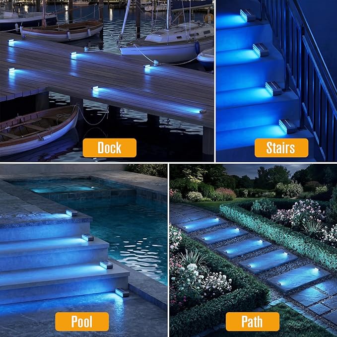 NIORSUN Blue Solar Step Lights for Pool, Deck, Dock & Stairs, 8 Pack Cool Blue Outdoor Lighting - Auto On/Off, IP67 Waterproof