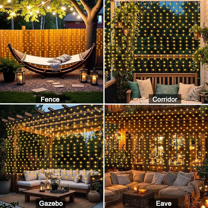 DBFAIRY Solar Curtain Lights, 13Ft x 3.3Ft 200 LED Outdoor Curtain Lights Waterproof Auto ON/Off 8 Modes for Garden Fence Patio Wall Decor (Warm White)