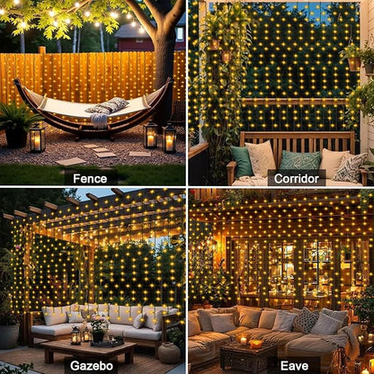 DBFAIRY Solar Curtain Lights, 13Ft x 3.3Ft 200 LED Outdoor Curtain Lights Waterproof Auto ON/Off 8 Modes for Garden Fence Patio Wall Decor (Warm White)