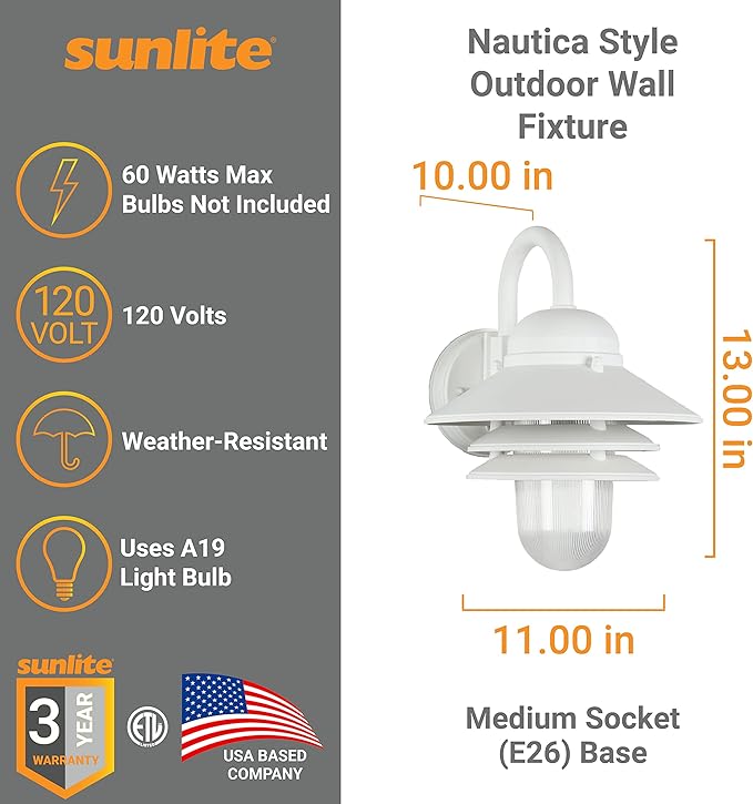 Sunlite 41367-SU Nautical Style Outdoor Wall Fixture, Medium Base Socket (E26), Weatherproof Polycarbonate | Lumora