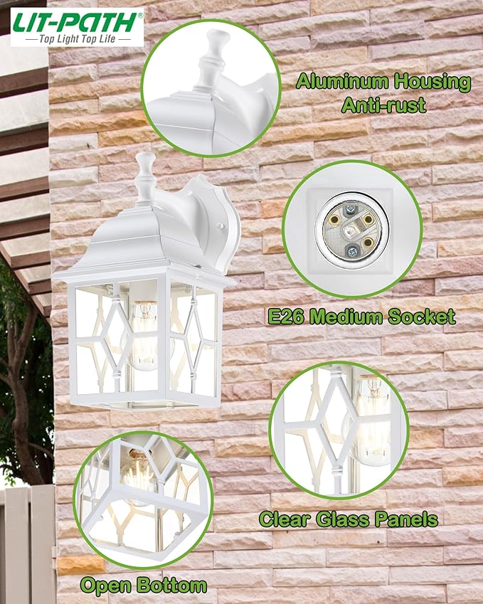 LIT-PaTH Outdoor Wall Lantern, White Large Exterior Wall Light Fixture, E26 Base, Anti-Rust Aluminum Porch Lighting | Lumora