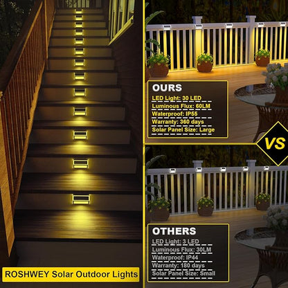 ROSHWEY Solar Deck Lights, 6 Pack 30 LED Stainless Steel Outdoor Deck Lights Solar Powered, IP65 Waterproof Step Light for Outside, Outdoor Decor for Backyard Fence, Step, Stair, Warm White Light