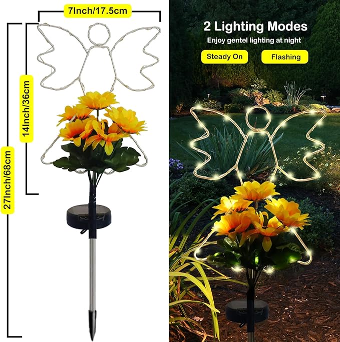 Lmtocs New Version Solar Angel Lights with Sunflower, 2 Modes Cemetery Angel for Grave Decorations, Waterproof Outdoor Angel Solar Lights for Christmas Yard Patio Pathway Memorial Grave Decorations
