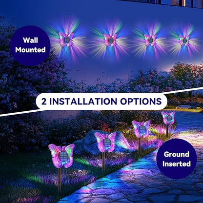 Solar Butterfly Lights Outdoor-Color-Changing 3D Glow-2-in-1 Wall & Ground-Butterfly Lights for Outside-Waterproof Garden Decorations for Patio Lawn Yard Fence Backyard Decor (4 Pack)