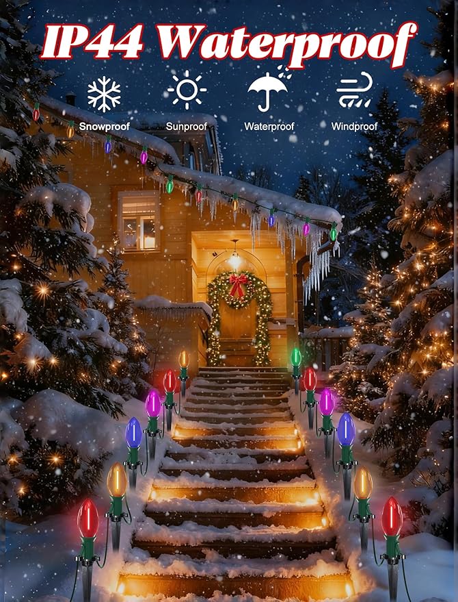 38FT LED C9 Multicolor Christmas Pathway Lights Outdoor,25 Weatherproof LED Christmas Walkway Lights with C9 Multicolor Bulbs and Stakes for Lawn Backyard snowfield Xmas Decorations
