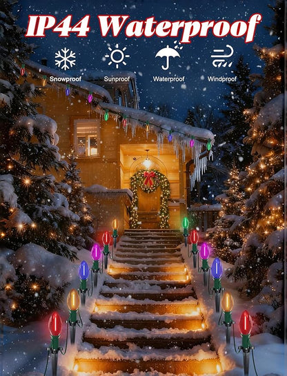 38FT LED C9 Multicolor Christmas Pathway Lights Outdoor,25 Weatherproof LED Christmas Walkway Lights with C9 Multicolor Bulbs and Stakes for Lawn Backyard snowfield Xmas Decorations
