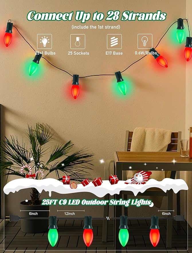 25Ft C9 LED Christmas Lights Outdoor, C9 Red and Green Christmas String Lights with 26 LED Shatterproof Bulb | Lumora