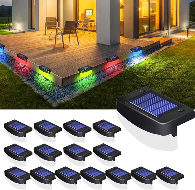 RGB Color Changing Solar Pool Side Lights, Outdoor Solar Deck Lights, Solar Step Lights IP65 Waterproof for Outdoor Stairs, Fence Yard Driveway Pathway, 16 Pack