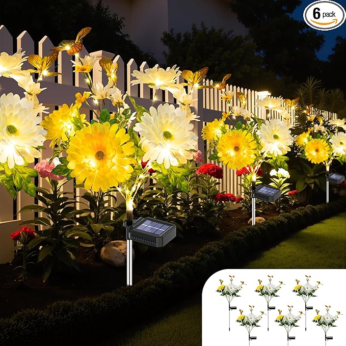 Solar Garden Light 6 Packs, 120 LEDs Outdoor Solar Lighting with Daisy and Butterfly, Waterproof Outdoor Garden Light for Patio, Courtyard, Pathway Decoration (Yellow)