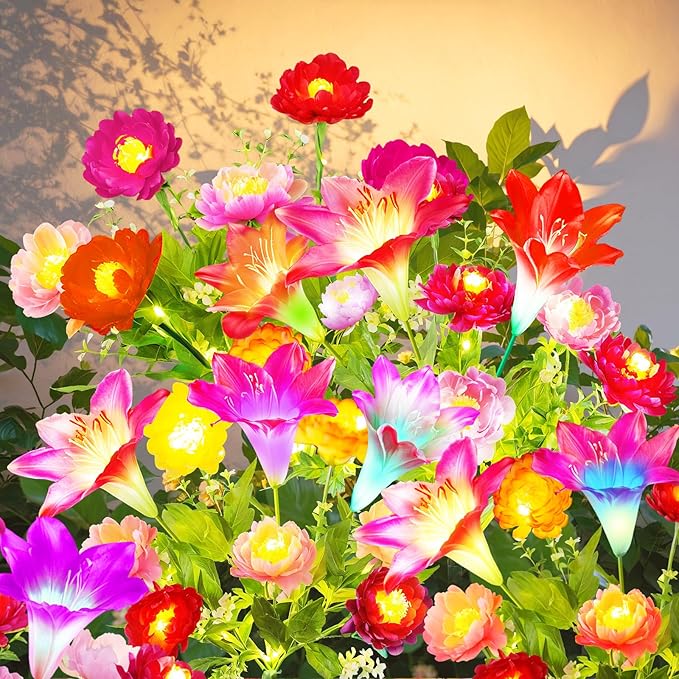 GARPAR Solar Flowers Lights Outdoor Waterproof, Upgraded 2 Pack Solar Garden Lights with 6 Lily & 14 Lotus, Bigger Solar Panel, Bright Color Changing Outdoor Decor for Outside Yard Patio, Gift