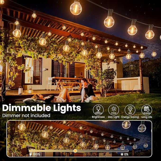 RTTY Outdoor String Lights 100 FT, Patio Lights with 52pcs Plastic G40 Globe Bulbs, Shatterproof Waterproof Connectable for Cafe Bistro Backyard Balcony