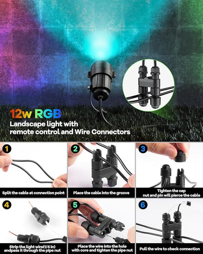 HIBOITEC RGBW Low Voltage Landscape Lighting 12W with Remote Connectors Spotlights Landscape Lights 12-24V AC/DC Waterproof for House Yard Trees Outdoor Christmas 24Pack(Transformers NOT Included)