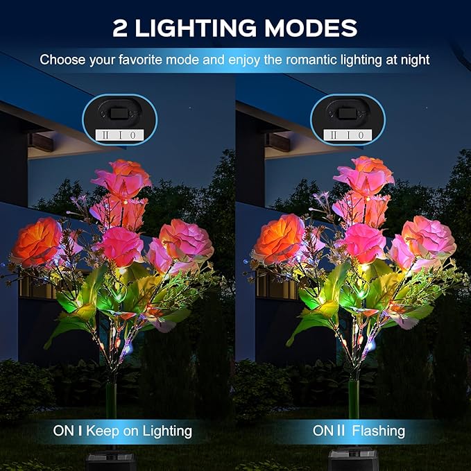 2 Pack Solar Garden Lights Outdoor, Colorful LED Waterproof Solar Powered Rose Flowers Landscape Lights for Outside Yard, Patio, Pathway Decorative, Décor, Gifts, Two Lighting Modes