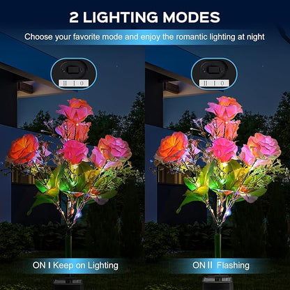 4 Pack Solar Garden Lights Outdoor, Colorful LED Waterproof Solar Powered Rose Flowers Landscape Lights for Outside Yard, Patio, Pathway Decorative, Décor, Gifts, Two Lighting Modes