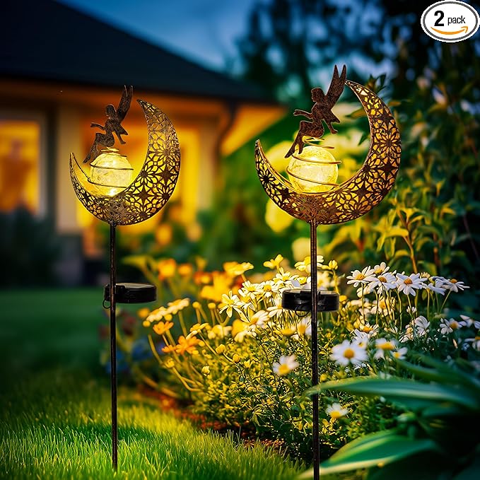 Fairy Garden Solar Lights Outdoor Moon Stakes, Waterproof Outdoor Metal Decor Gifts for Women Mom, Art Moon | Lumora