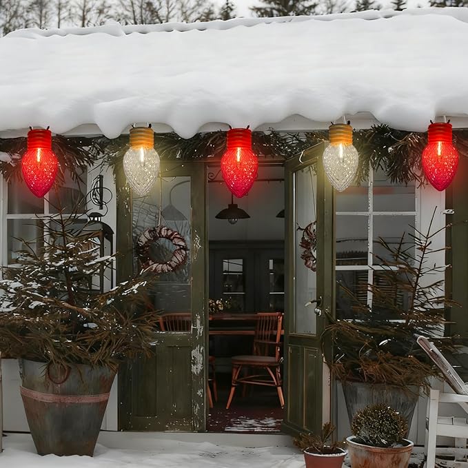 SUNSGNE Red and White Christmas Lights Outdoor, 16FT Colored Christmas Lights with 10 Count 5'' Diamond LED Bulbs for Roofline Patio Balcony Yard Porch Decorations