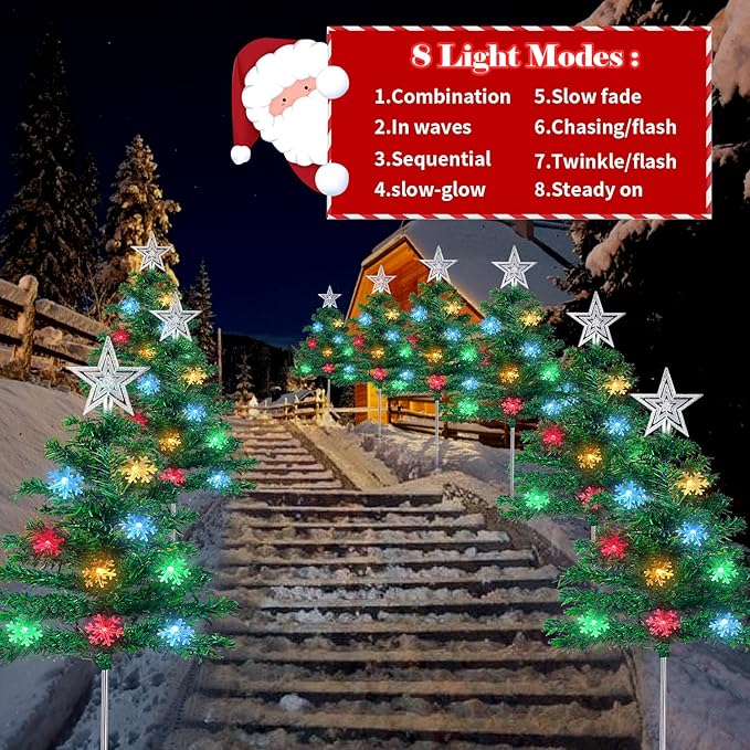 Christmas Decorations Outdoor 4 Sets Solar Christmas Tree with 80pcs Multi-Color C6 Snowflake Led Lights 8 Lighting Modes Waterproof Pathway Lights for Outside House Garden Yard