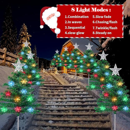 Christmas Decorations Outdoor 4 Sets Solar Christmas Tree with 80pcs Multi-Color C6 Snowflake Led Lights 8 Lighting Modes Waterproof Pathway Lights for Outside House Garden Yard