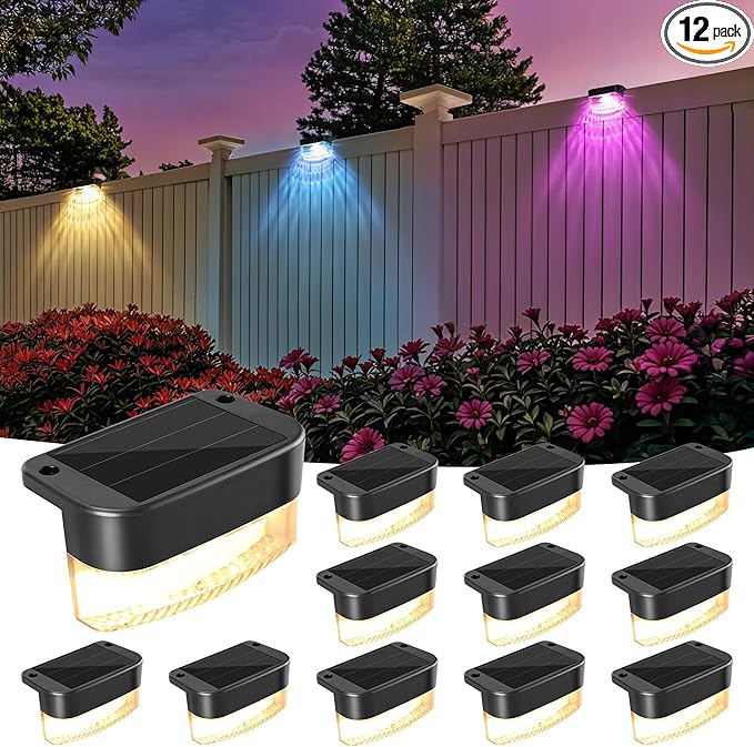 BrizLabs Solar Fence Lights, 12 Pack RGB & Warm White & 11 Colors Changing LED Solar Deck Lights with IP65 Waterproof, Outdoor Step Light Patio Fence Lighting for Patio Yard Pool Railing Garden Fence