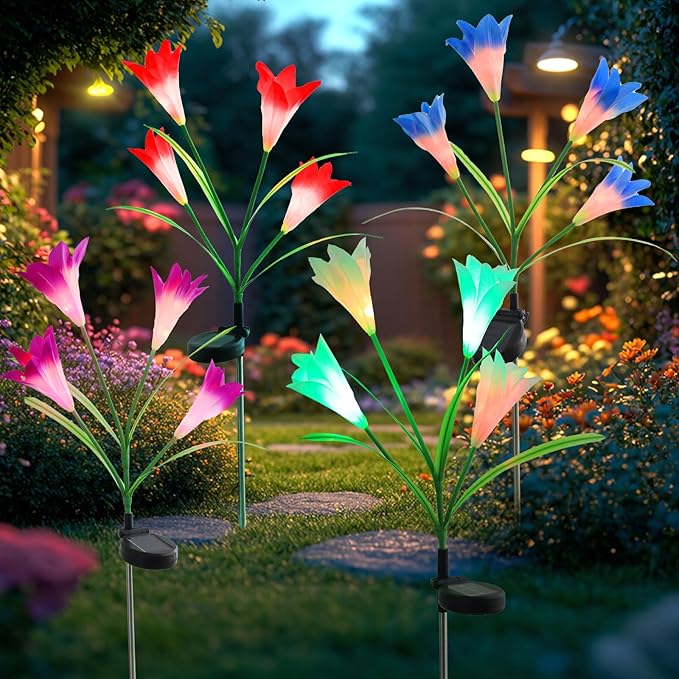 Garden 4 Pack LED Solar Flower Lights with More Realistic Lily Flowers Solar Garden Lights Outdoor Waterproof for Yard Patio Lawn Pathway Walkway Decoration 4-Pack Yellow & Pink & Blue & White Combo
