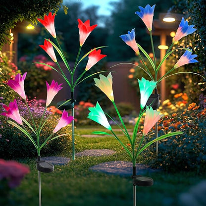 Garden 4 Pack LED Solar Flower Lights with More Realistic Lily Flowers Solar Garden Lights Outdoor Waterproof for Yard Patio Lawn Pathway Walkway Decoration 4-Pack Yellow & Pink & Blue & White Combo