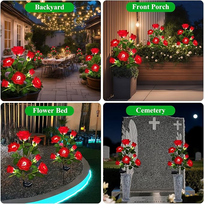 DWH 2 Pack Solar Garden Lights Outdoor, 7-Flower Rose LED Stake Light for Yard Patio Pathway Lawn Fence Cemetery, Red
