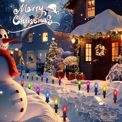C9 Christmas Pathway Lights Outdoor - 24.2 Feet 20 LED String Lights with Stakes, Waterproof Connectable Christmas Path Lights for Yard, Garden, Walkway, Driveway, Sidewalk Decoration, Multicolored