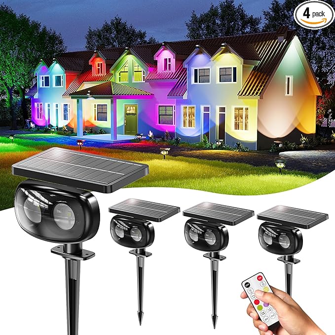 Solar Spot Lights Outdoor Waterproof IP68, RGB Colors Changing Solar Lights with 4 Lighting Modes, Solar Powered Lights Outdoor for Garden Yard Outside Landscape (4Pack)