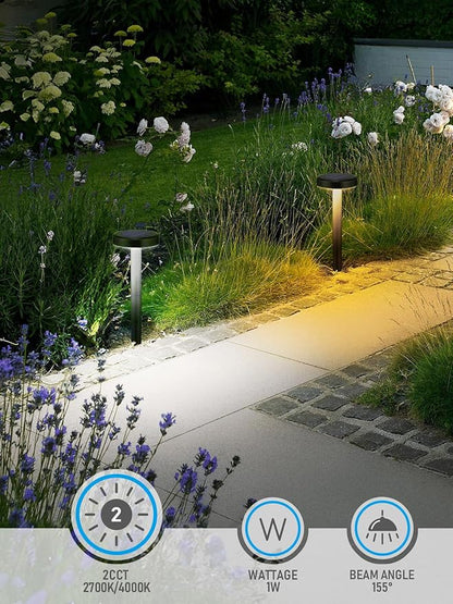 LEONLITE 12-Pack 2CCT Solar Powered Path Lights, 50/100% Dimmable, Auto Dusk to Dawn Landscape Pathway Lights for Sidewalk, Driveway, Garden, 2700K Soft White /4000K Cool White, IP65, 120lm, Black